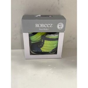 Robeez First Kicks Baby Boots Neon Yellow Navy Faux Fur Lining Size 3 6-9 Months